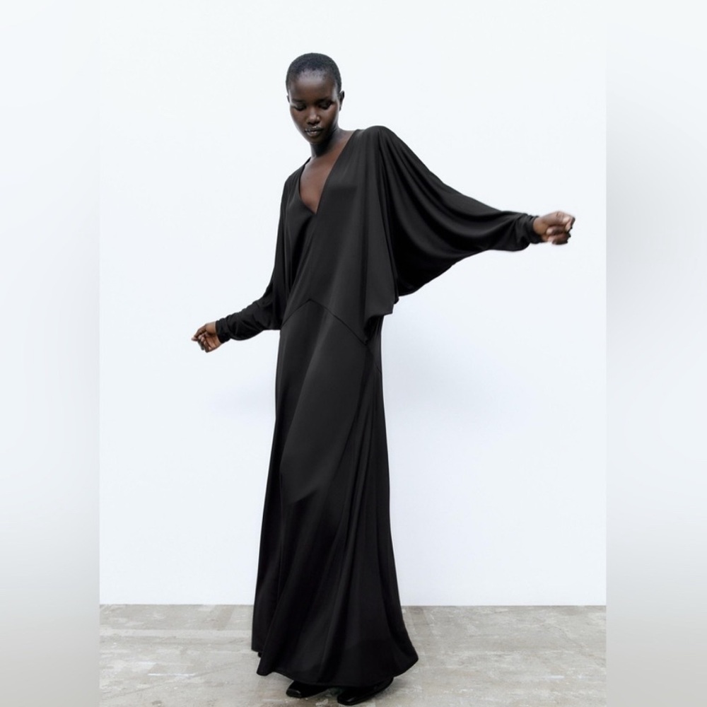 ZARA Black Cocktail Gown with Long Dolman Sleeves and Asymmetrical Neckline